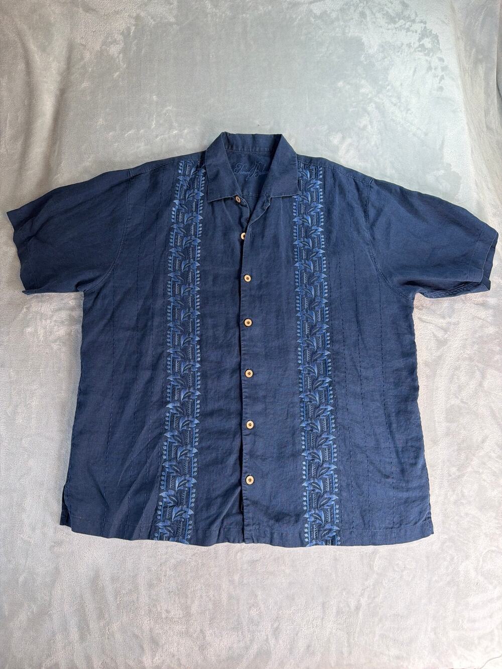 Tommy Bahama Mens Shirt XL 100% Linen Embroidered Panel Navy Blue Pit 25 L 31